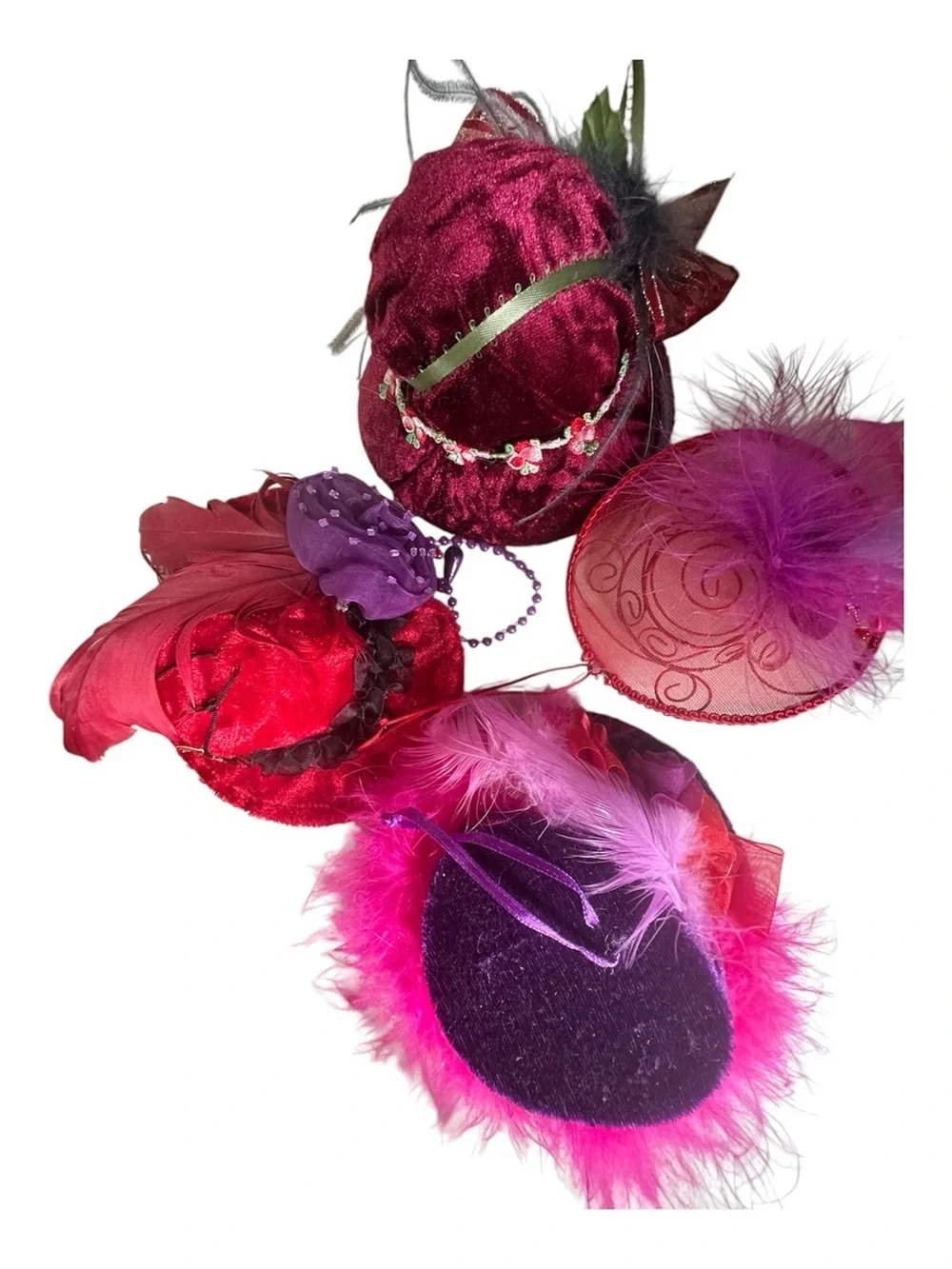 Red Hat Society Assorted Feathered Mini Fascinator Ornaments - Pink & Purple